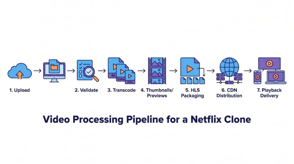 How to Build an App Like Netflix: A Developerโs Guide 2 Video processing pipeline diagram showing content upload, validation, transcoding, thumbnail generation, HLS packaging, CDN distribution, and playback delivery for a Netflix clone platform.