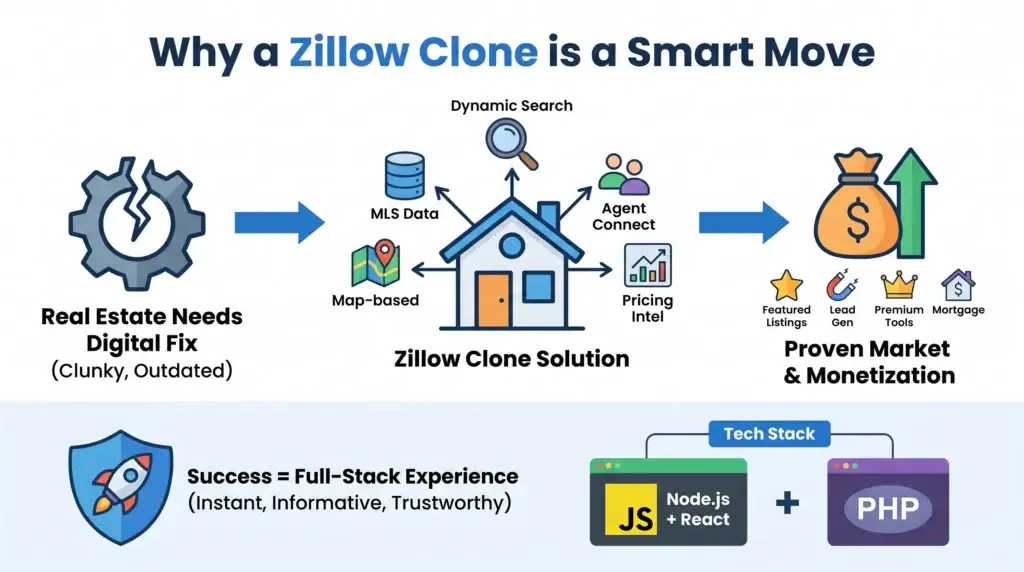 How to Build an App Like Zillow: Developer's Guide from Scratch 1 Infographic showing why a Zillow clone is a smart move, with real estate search features, MLS data, map-based listings, agent connect, pricing tools, monetization, and tech stack.