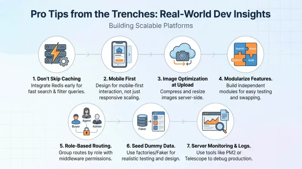 How to Build an App Like Zillow: Developer's Guide from Scratch 2 Infographic showing real-world developer tips for building scalable real estate platforms, including caching, mobile-first design, image optimization, modular features, role-based routing, dummy data, and server monitoring.