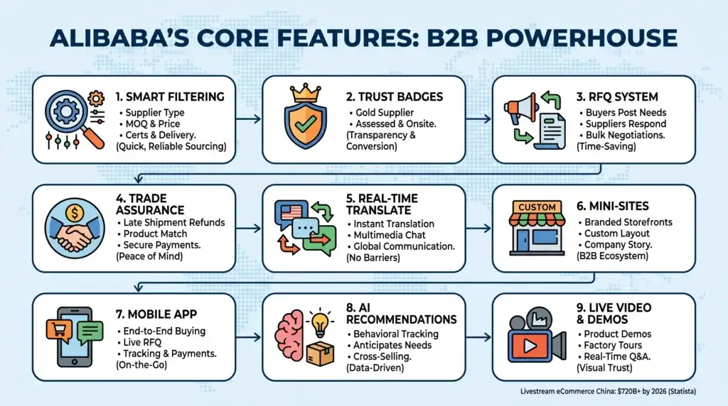 Alibaba Features Explained: A Guide for Startup Founders 1 Temu revenue overview infographic showing a cross-border marketplace connecting Asian manufacturers with global consumers, GMV growth, net platform revenue, operating margin, valuation, profit strategy, and logistics optimization.