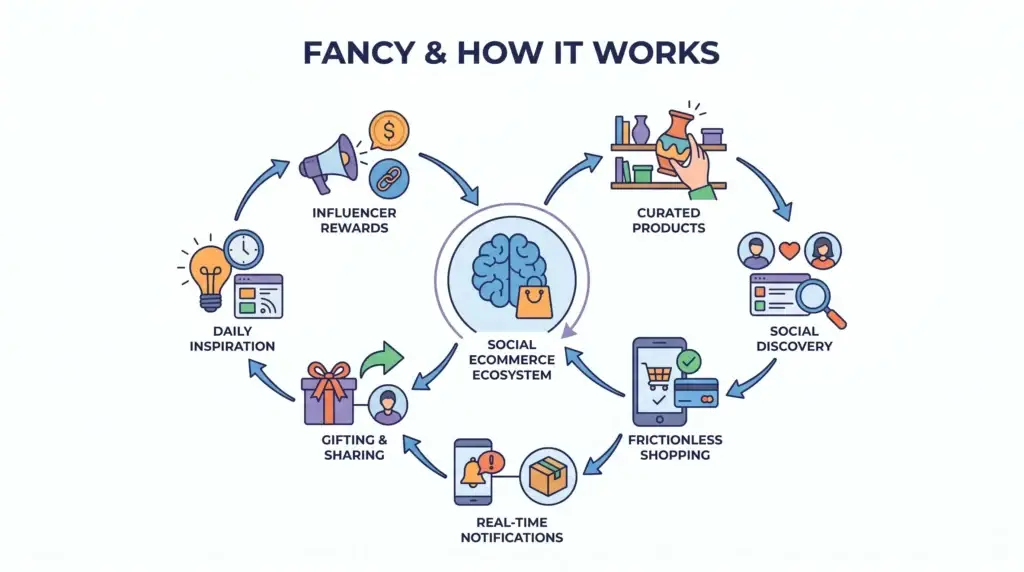 Business Model of Fancy | How This App Became a Global Marketplace 1 Infographic showing how Fancy works with a social ecommerce ecosystem, curated products, social discovery, frictionless shopping, real-time notifications, gifting, sharing, daily inspiration, and influencer rewards.