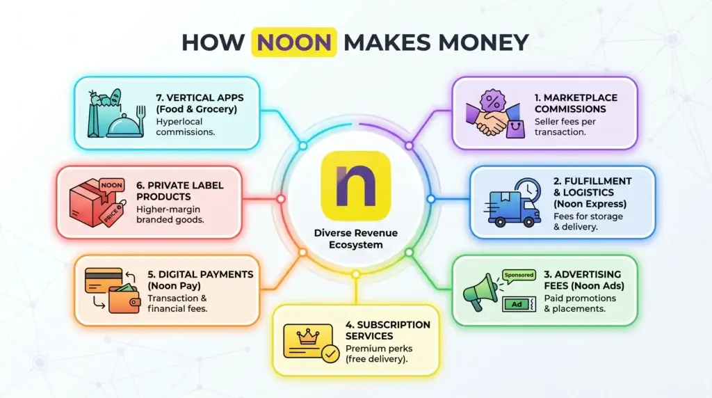 Understanding the Revenue Model of Noon and Its Growth Engine 1 Infographic showing how Noon makes money through marketplace commissions, fulfillment and logistics, advertising fees, subscription services, digital payments, private-label products, and vertical food and grocery apps.