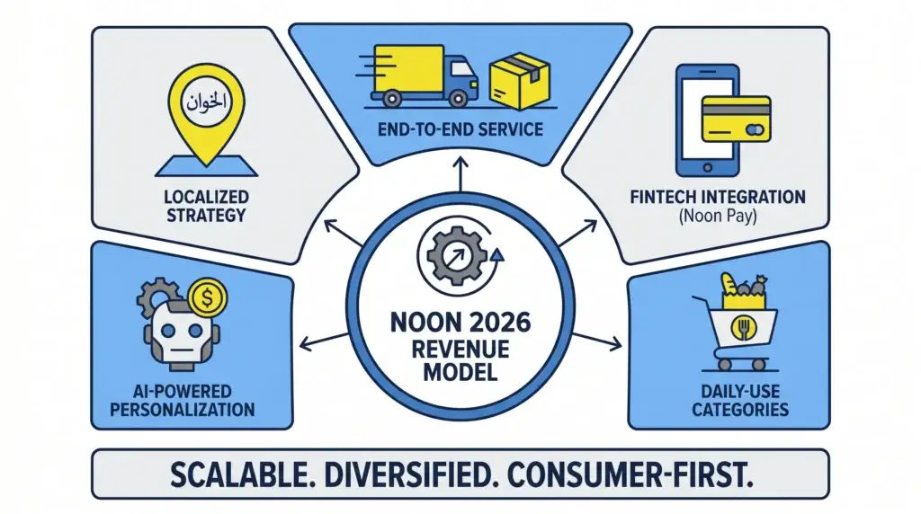 Understanding the Revenue Model of Noon and Its Growth Engine 2 Infographic showing Noon 2026 revenue model with localized strategy, end-to-end service, fintech integration, daily-use categories, AI-powered personalization, and scalable ecommerce growth.