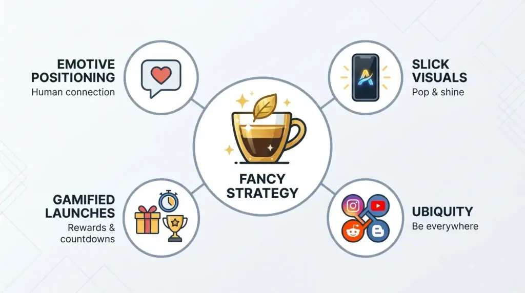 Fancy App Marketing | Make Your App Shine Bright 1 Infographic showing Fancy app marketing strategy with emotive positioning, slick visuals, gamified launches, rewards, countdowns, multi-platform promotion, and social commerce growth tactics.