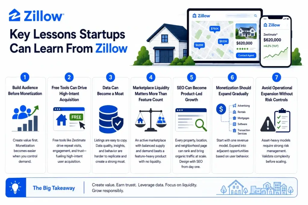 Business Model of Zillow Explained: Revenue Streams, Growth & Strategy 2 Small infographic showing key startup lessons from the Business Model of Zillow including audience building, data moat, SEO growth, marketplace liquidity, and monetization strategy.