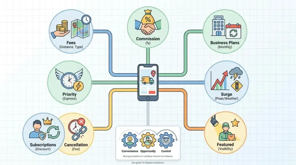 Best Uber Delivery Clone Script in 2026: Features & Pricing Compared 2 Uber Delivery clone monetization infographic showing delivery fees, commission percentage, monthly business plans, surge pricing, priority delivery, featured listings, subscription discounts, cancellation fees, and revenue control options for delivery apps.
