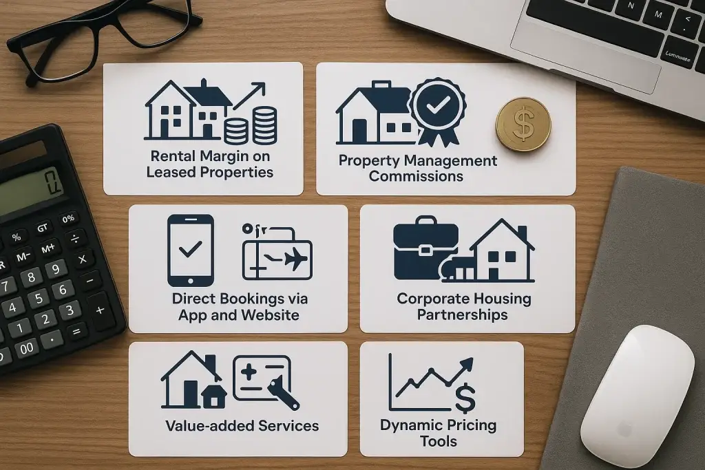 Revenue Model of Blueground: How the Furnished Rental App Makes Money 1 Infographic showing Bluegroundโs revenue model with six income streams like rental margins and value-added services