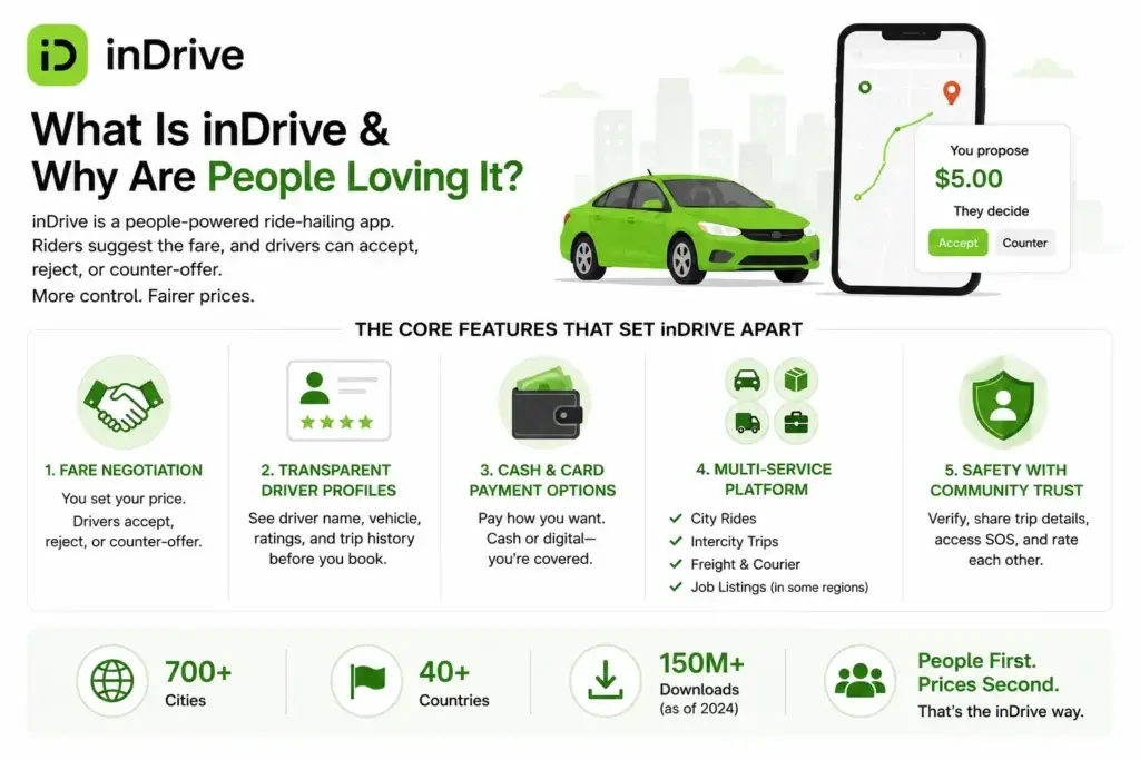 InDrive App Features: What Sets It Apart 1 Simple infographic explaining how the inDrive app works, highlighting fare negotiation, driver profiles, flexible payments, multiple transport services, community safety features, and key platform statistics.