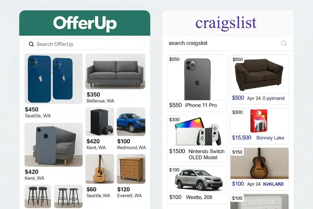 OfferUp Marketing Strategy | From Local Finds to Market Wins 1 UI screenshot comparison of OfferUp vs Craigslist or Facebook Marketplace