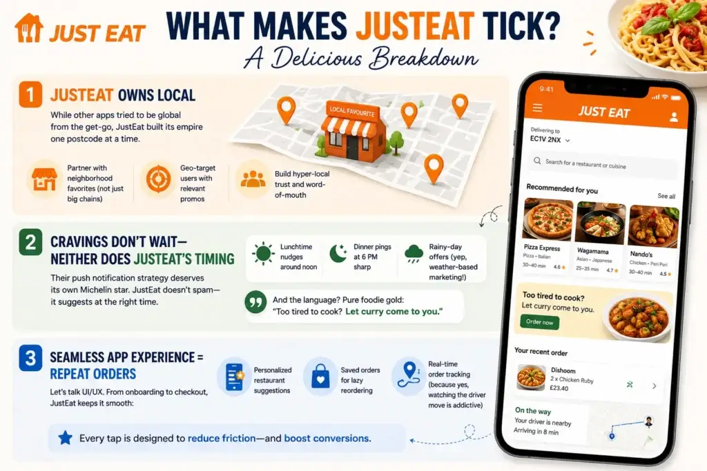 JustEat App Strategy : How It Stays on Top 1 Infographic explaining what makes Just Eat successful, highlighting its local-first strategy, well-timed push notifications, personalized restaurant suggestions, saved orders, and real-time delivery tracking.