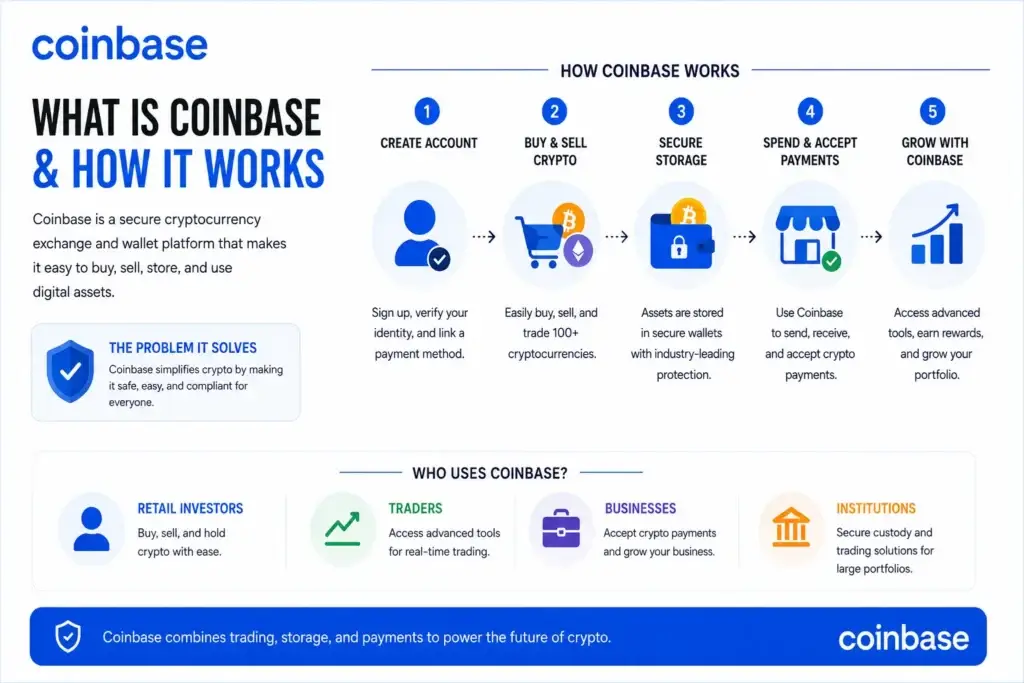 Business Model of Coinbase | How the Earning Billions in Crypto 1 Simple Coinbase infographic explaining how the platform works, featuring key steps such as account creation, cryptocurrency buying and selling, secure wallet storage, crypto payments, and portfolio growth. The design highlights Coinbaseโs role as a secure and user-friendly gateway to digital assets.