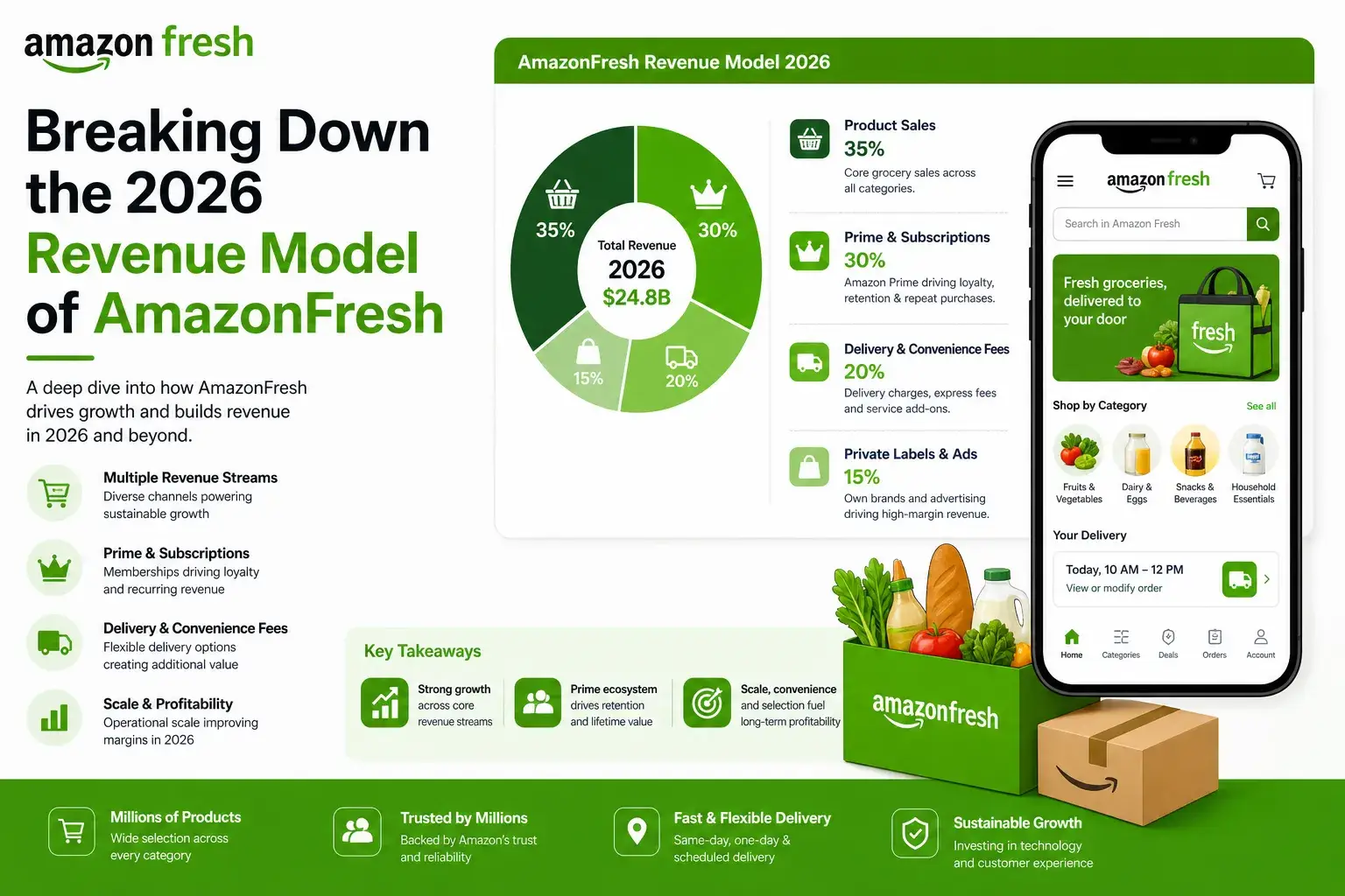 AmazonFresh revenue model 2026 showing product sales, subscriptions, delivery fees, and private label revenue streams