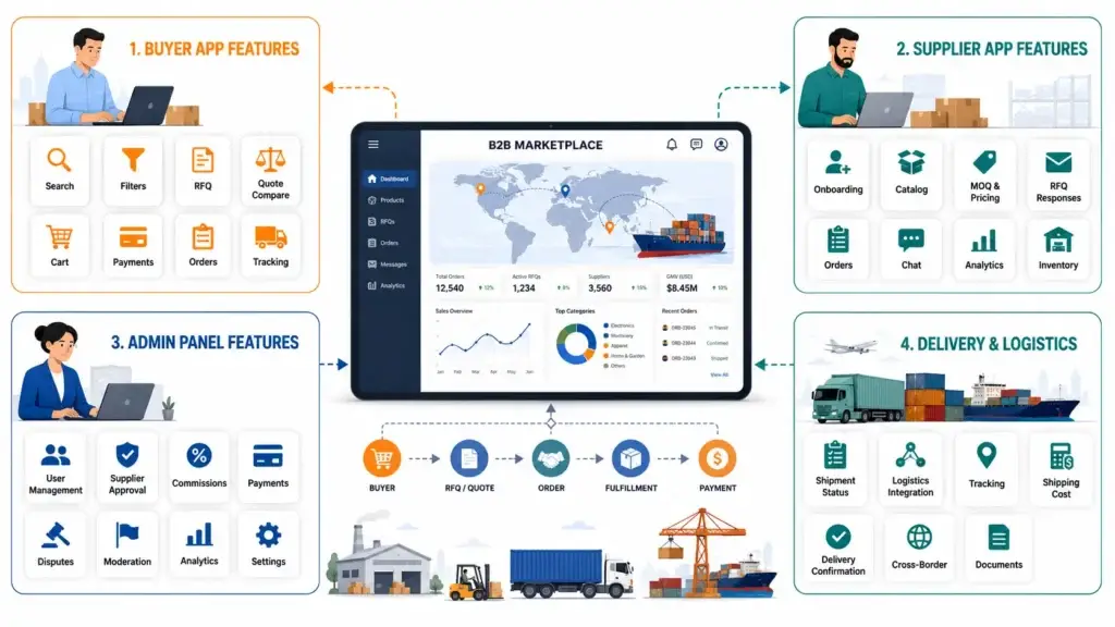 How to Build an App Like Alibaba: Full-Stack Developer Guide 1 B2B marketplace platform showing buyer app features, supplier dashboard features, admin panel controls, and logistics management capabilities for wholesale commerce.