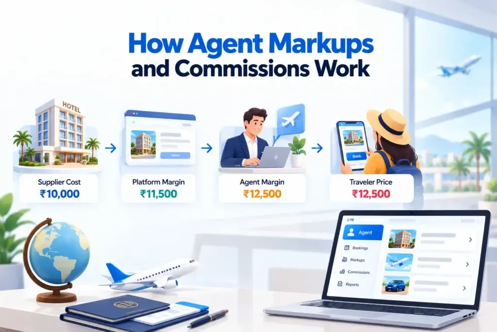B2B Travel Booking Platform Business Model: How Agents, Corporate Clients, Suppliers, and Platform Operations Connect 1 B2B travel booking platform showing supplier cost platform margin agent margin and traveler price