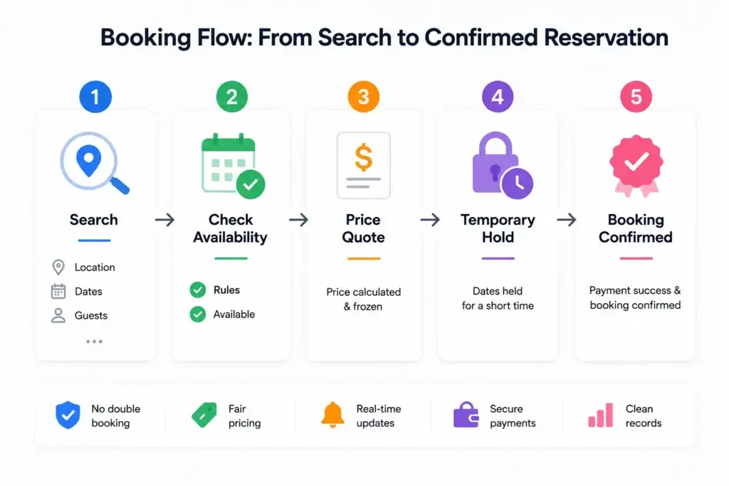 How to Build Booking, Calendar, and Host Payout Logic for a Short-Term Rental Platform 1 short-term rental booking system from search to confirmed reservation showing availability check, price quote, temporary hold, and booking confirmation.