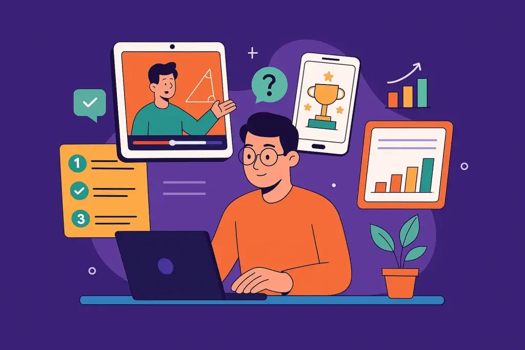 Illustration of a young entrepreneur using a laptop surrounded by EdTech tools, charts, and video lessons, inspired by Byjuโs app features