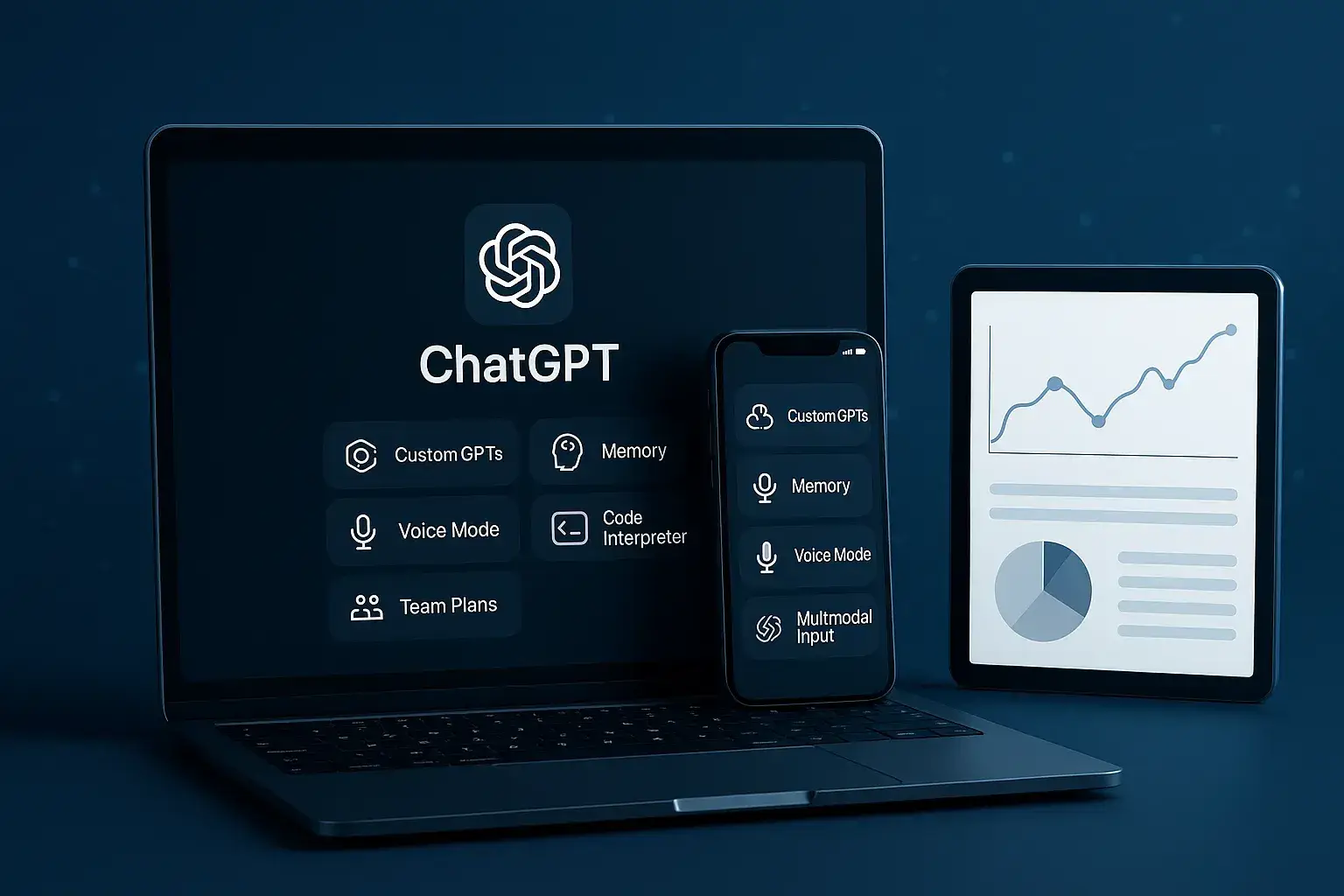 ChatGPT features displayed on laptop, smartphone, and tablet - highlighting AI tools for startups and entrepreneurs
