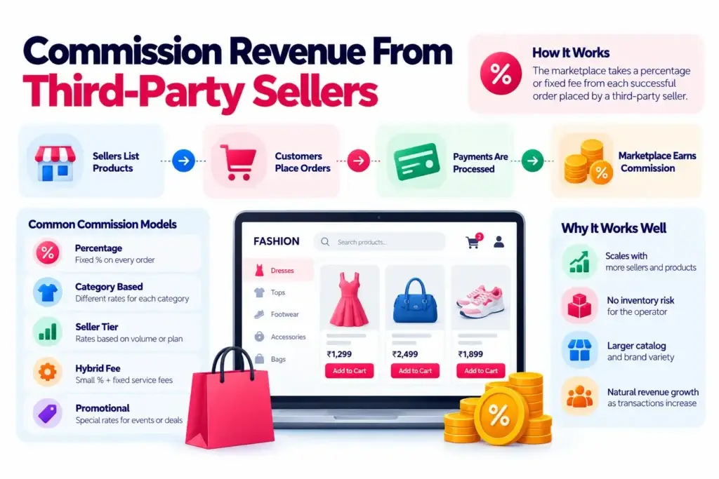 How Fashion Ecommerce Marketplaces Generate Revenue From Commissions, Brand Promotions, Private Labels, and Fulfillment 1 Commission revenue from third-party sellers in a fashion ecommerce marketplace