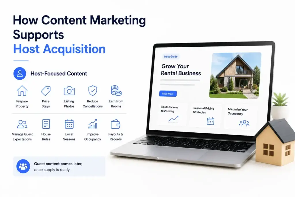 How Should a Short-Term Rental Marketplaces Build Host Supply Before Scaling Guest Acquisition? 2 Content marketing for host acquisition in a short-term rental marketplace using host guides, pricing tips, listing advice, and rental growth content.