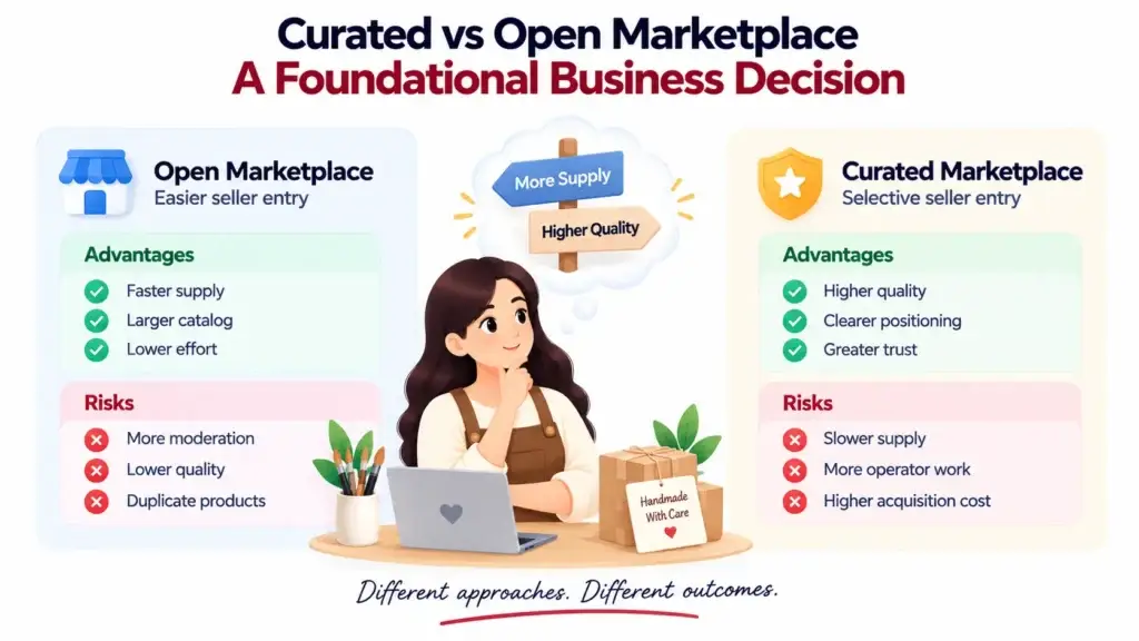 Handmade Marketplace Platform Business Model: How Makers, Buyers, Listings, and Platform Operations Connect 2 Curated versus open handmade marketplace model comparing seller entry, quality, moderation, and trust