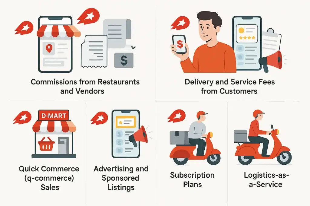 Revenue Model of Delivery Hero: Inside the Business Behind the Global Food Delivery Giant 1 Infographic showing Delivery Hero's revenue streams including commissions, service fees, q-commerce, ads, subscriptions, and logistics.