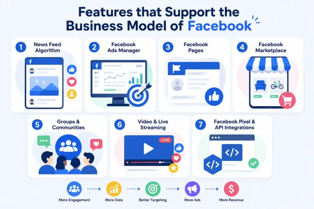 Business Model of Facebook : Key Features & Strategies 1 Facebook business model features infographic showing News Feed algorithm, Facebook Ads Manager, Pages, Marketplace, Groups, Video Live Streaming, Pixel, API integrations, engagement, targeting, ads, and revenue.