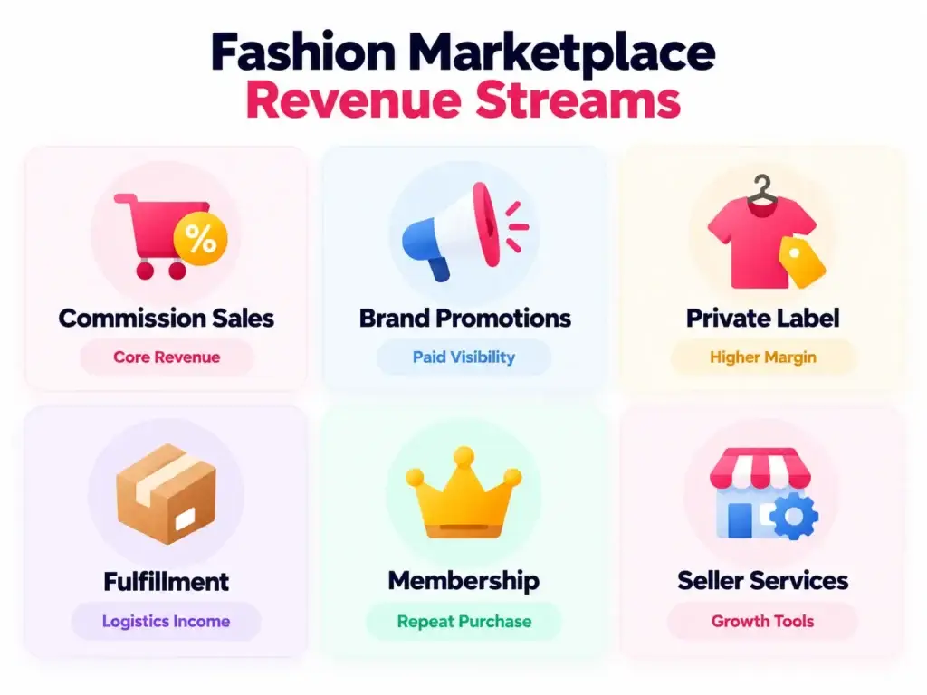 How Fashion Ecommerce Marketplaces Generate Revenue From Commissions, Brand Promotions, Private Labels, and Fulfillment 2 Fashion marketplace revenue streams including commissions, brand promotions, private labels, fulfillment, membership, and seller services