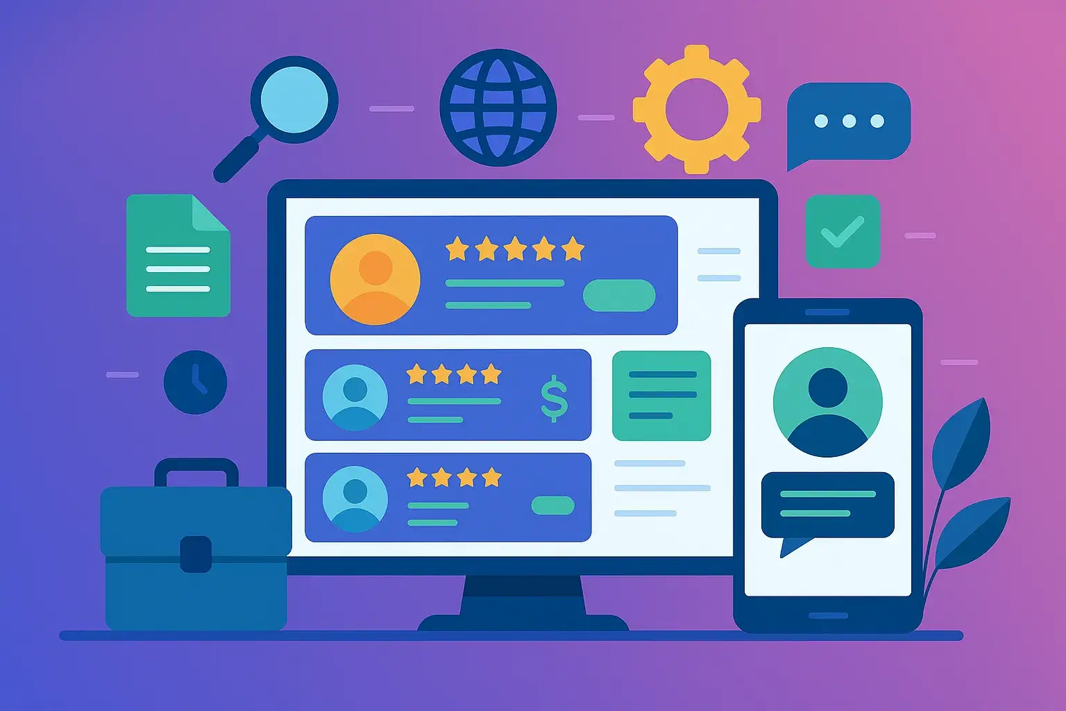 Illustration of a freelance platform with seller profiles, star ratings, a briefcase and a chat bubble.