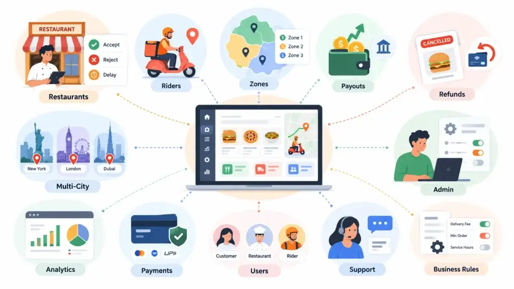 What Features and Cost Factors Matter Most When Planning a Food Delivery Marketplace? 2 Food delivery marketplace admin operations covering restaurants, riders, delivery zones, payouts, refunds, payments, users, support, analytics, and business rules