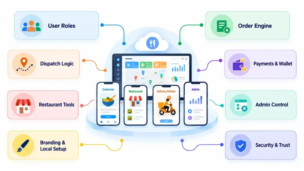 What Features and Cost Factors Matter Most When Planning a Food Delivery Marketplace? 1 Food delivery marketplace core features showing user roles, dispatch logic, restaurant tools, order engine, payments, admin control, branding, and security