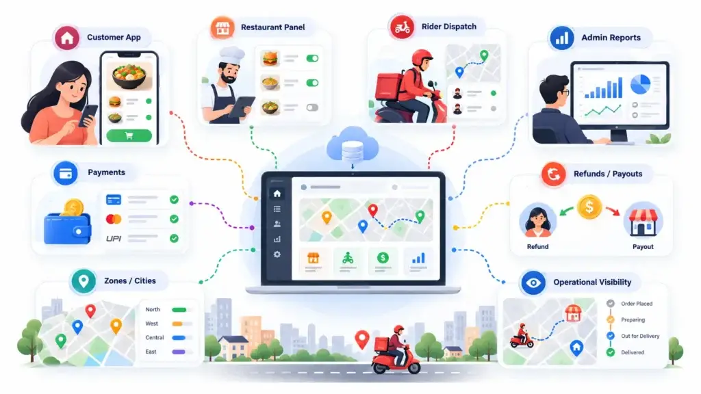 Food Delivery Marketplace Features: Customer Ordering, Restaurant Operations, Rider Management, and Admin Control 1 Food delivery marketplace operations connecting customer app, restaurant panel, rider dispatch, payments, zones, refunds, payouts, reports, and order visibility