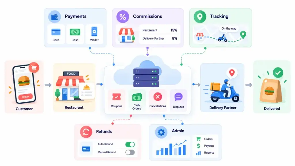 Food Delivery Marketplace Architecture: Ordering, Dispatch, Tracking, Payments, and Settlement 1 Food delivery marketplace workflow covering customer orders, restaurant processing, payments, commissions, tracking, refunds, and admin management