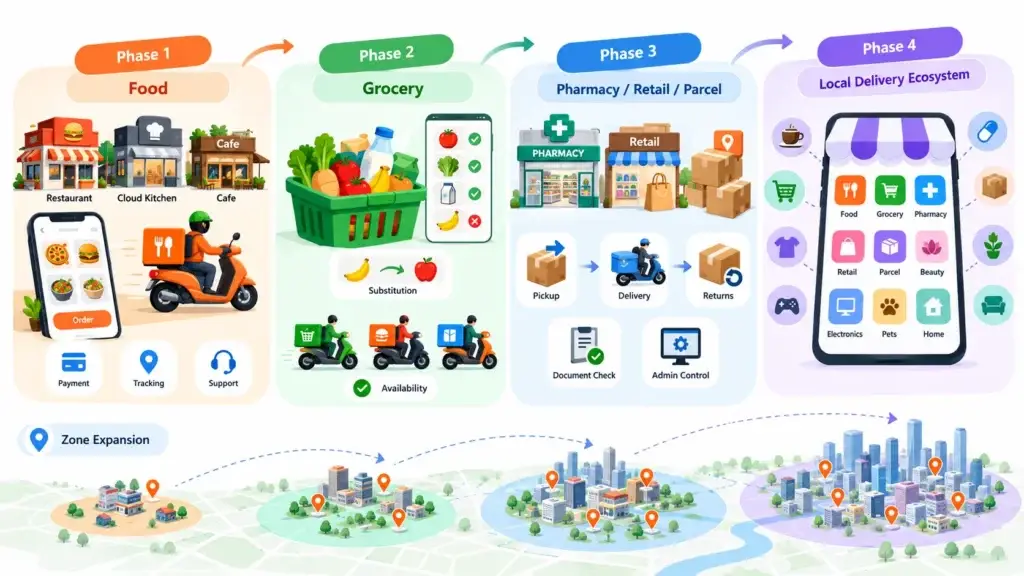 On-Demand Food Delivery Platform vs Multi-Category Delivery Platform: How Their Business Models Differ 2 Food delivery platform expansion strategy progressing from food delivery to grocery, pharmacy, retail, parcel delivery, and a multi-category local delivery ecosystem.