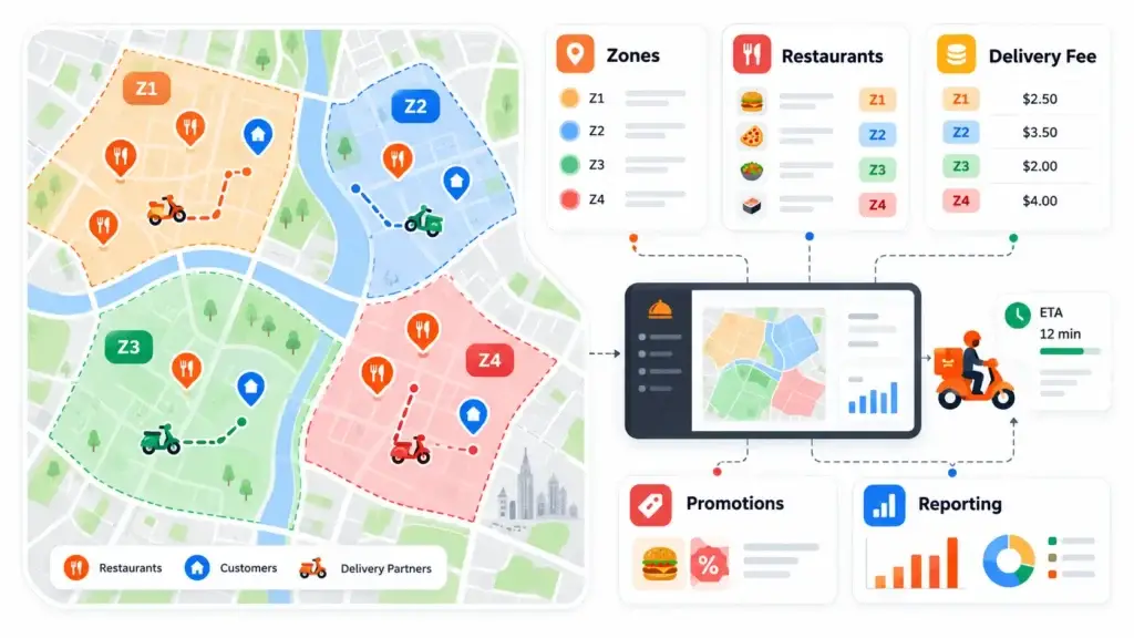 Food Delivery Marketplace Architecture: Ordering, Dispatch, Tracking, Payments, and Settlement 2 Food delivery zone management system showing restaurants, customers, riders, delivery fees, promotions, ETA, and reporting