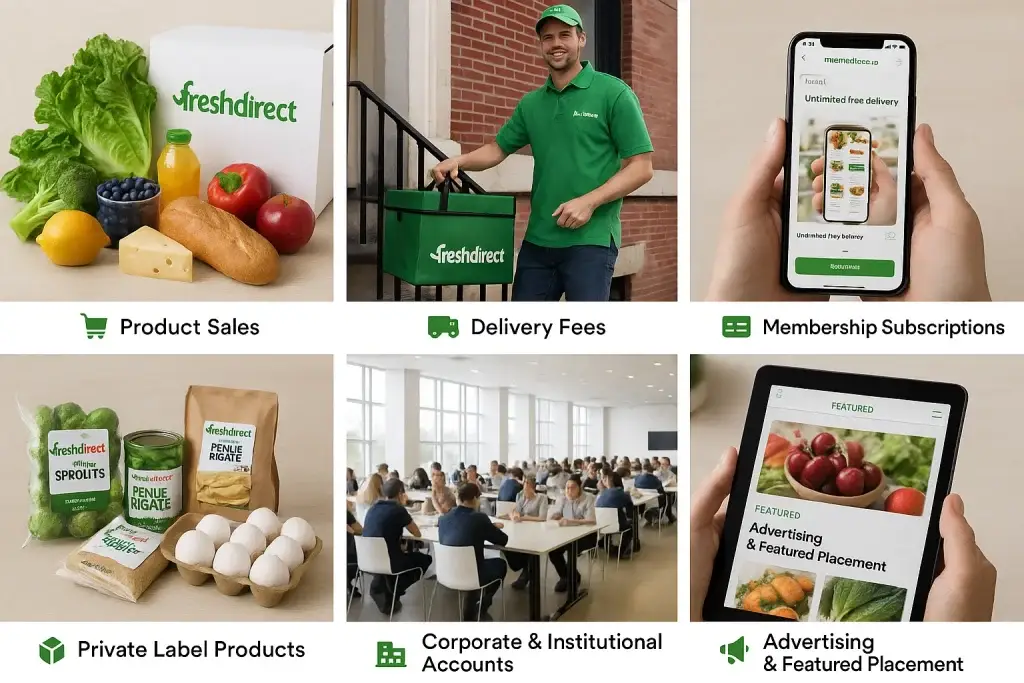 Revenue Model of FreshDirect: How the Grocery Delivery Pioneer Makes Money 1 Infographic showing FreshDirectโs revenue model including product sales, delivery fees, membership subscriptions, private label products, corporate accounts, and featured advertising placements.