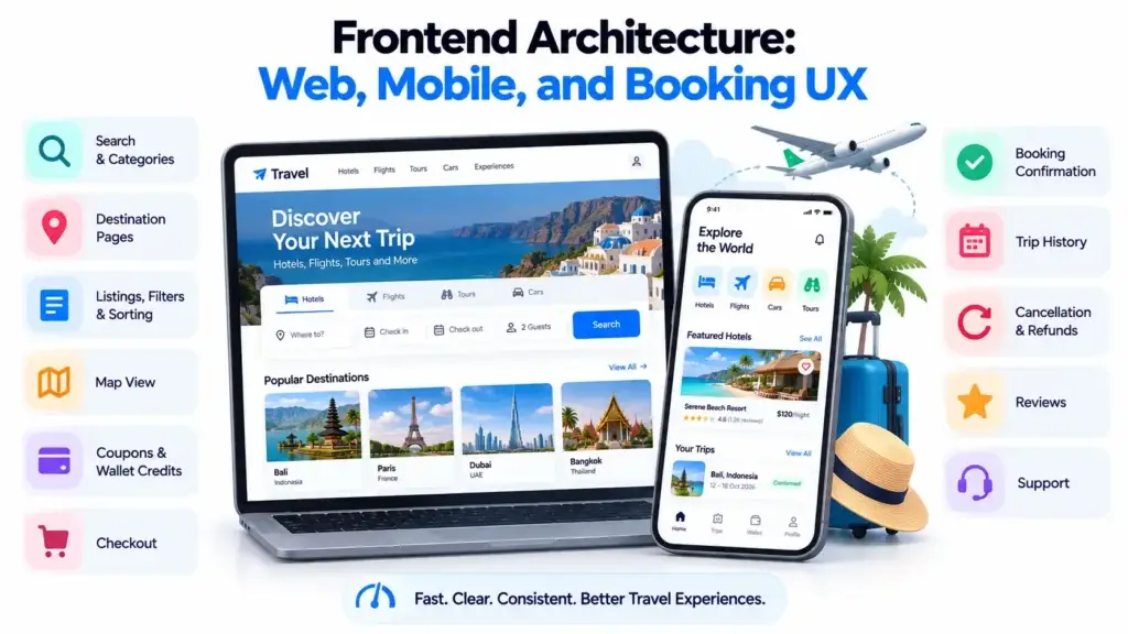 Regional Travel Booking Platform Architecture: Flights, Hotels, Supplier APIs, Payments, and Booking Management 1 Frontend architecture for a regional travel booking platform with web, mobile, search, filters, maps, booking, and support features