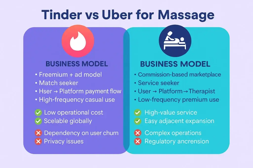 Tinder vs Uber for Massage Business Model Comparisonย 1 give infographic image for tinder vs uber for massage