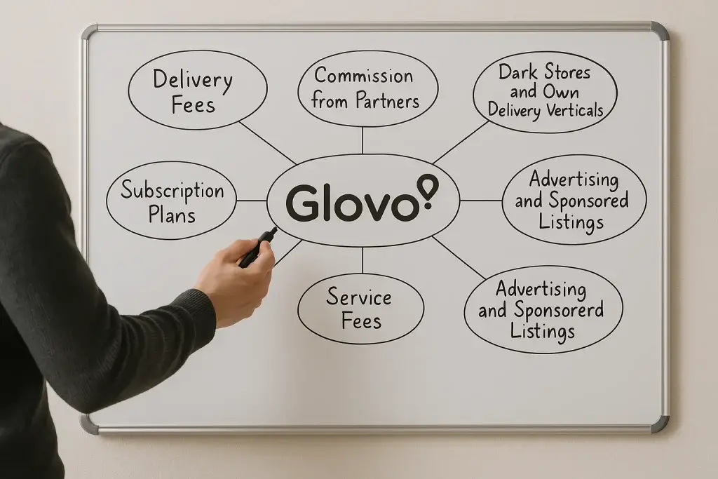 Revenue Model of Glovo: How the Delivery App Makes Money in 2026 1 Person drawing Glovo's revenue model on a whiteboard with labeled sources like delivery fees, service fees, advertising, and subscription plans.