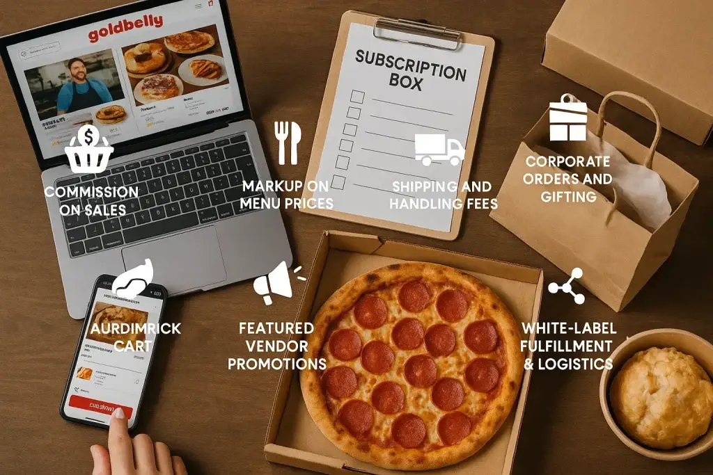 Revenue Model of Goldbelly: How It Serves Gourmet Food with a Side of Profits 1 Goldbelly revenue streams illustrated with pizza box, mobile cart, laptop, subscription form, and icons highlighting sales commissions, shipping, and corporate gifting.