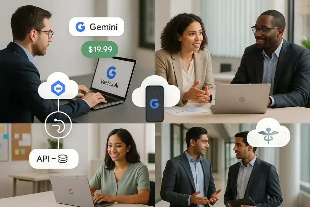 Revenue Model of Google Gemini: How Google’s AI Powerhouse Makes Money 1 People using laptops with Google Gemini, Vertex AI, and API cloud icons representing enterprise AI integration
