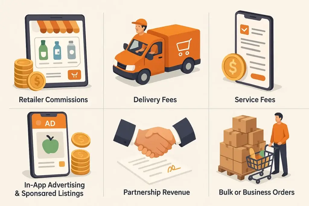 Revenue Model of OneCart: How South Africaโs Fast-Growing Delivery App Makes Money 1 Illustration of various revenue streams for an online grocery delivery app including delivery fees, service charges, retailer commissions, and business orders.