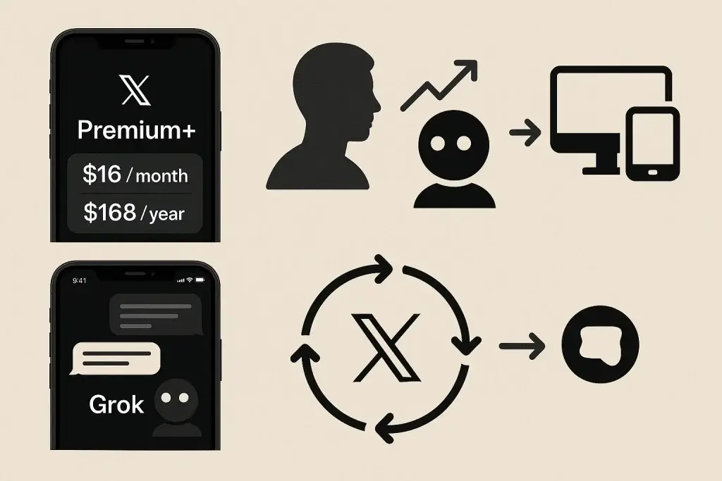 Revenue Model of Grok: How Elon Muskโs AI Chatbot Makes Money 1 Infographic showing Grok chatbot and X Premium+ pricing model with user interaction and monetization