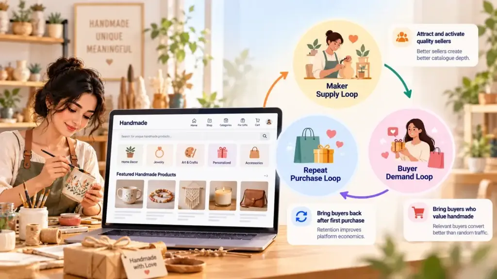 Handmade Marketplace Platform Growth Strategy: Attracting Makers, Building Buyer Demand, and Driving Repeat Purchases 1 Handmade marketplace growth loops connecting quality sellers, buyer demand, and repeat purchases.