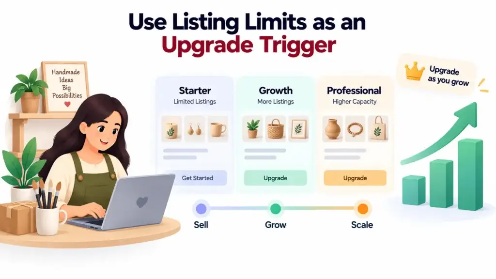 Handmade Marketplace Platform Monetization Strategy: Listing Limits, Seller Plans, Featured Placement, and Commission 1 Handmade marketplace listing limits guiding sellers from starter to growth and professional plans