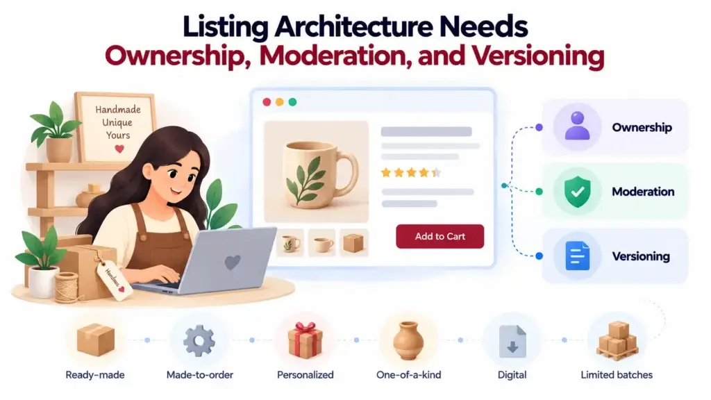 Handmade Marketplace Platform Architecture: Seller Onboarding, Listings, Orders, Payments, and Payouts 1 Handmade product listing connected to ownership, moderation, and versioning controls beside a seller using a laptop