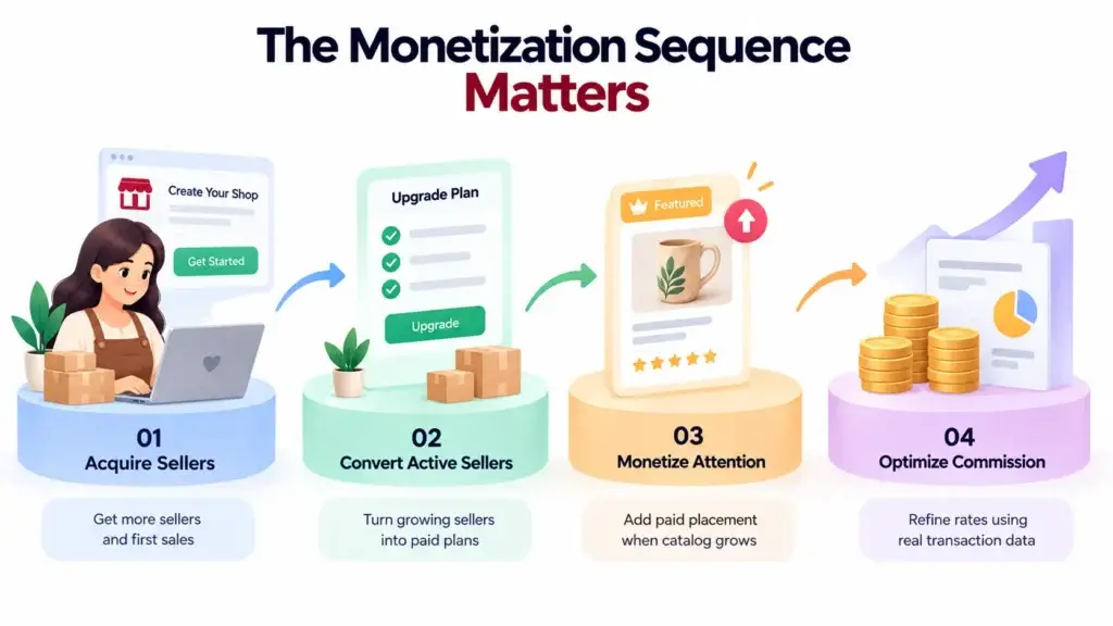 Handmade Marketplace Platform Monetization Strategy: Listing Limits, Seller Plans, Featured Placement, and Commission 2 Handmade marketplace monetization sequence from seller acquisition to paid plans, featured placement, and commission