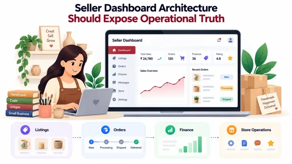 Handmade Marketplace Platform Architecture: Seller Onboarding, Listings, Orders, Payments, and Payouts 2 handmade marketplace platform architecture seller dashboard showing sales, orders, listings, finances, and store operations
