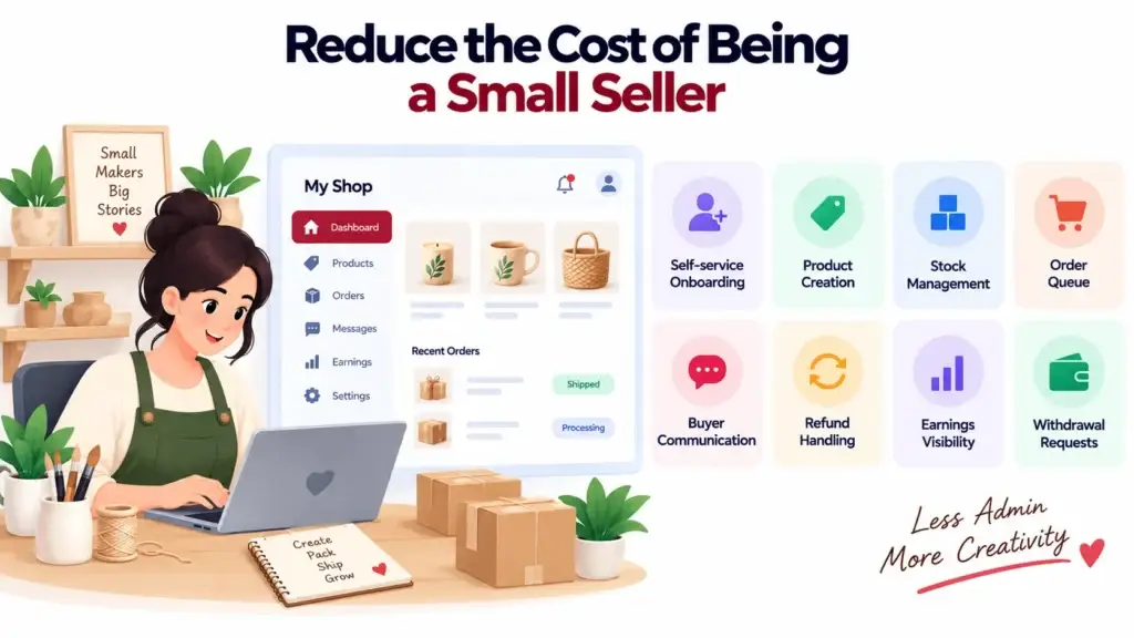 Handmade Marketplace Platform Business Model: How Makers, Buyers, Listings, and Platform Operations Connect 1 Handmade marketplace tools helping small sellers manage products, orders, stock, refunds, and withdrawals