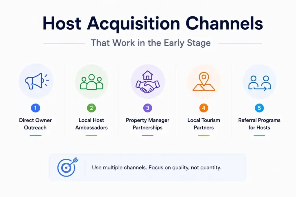 How Should a Short-Term Rental Marketplaces Build Host Supply Before Scaling Guest Acquisition? 1 Host acquisition channels for early-stage rental marketplaces including direct outreach, ambassadors, property managers, tourism partners, and referrals.