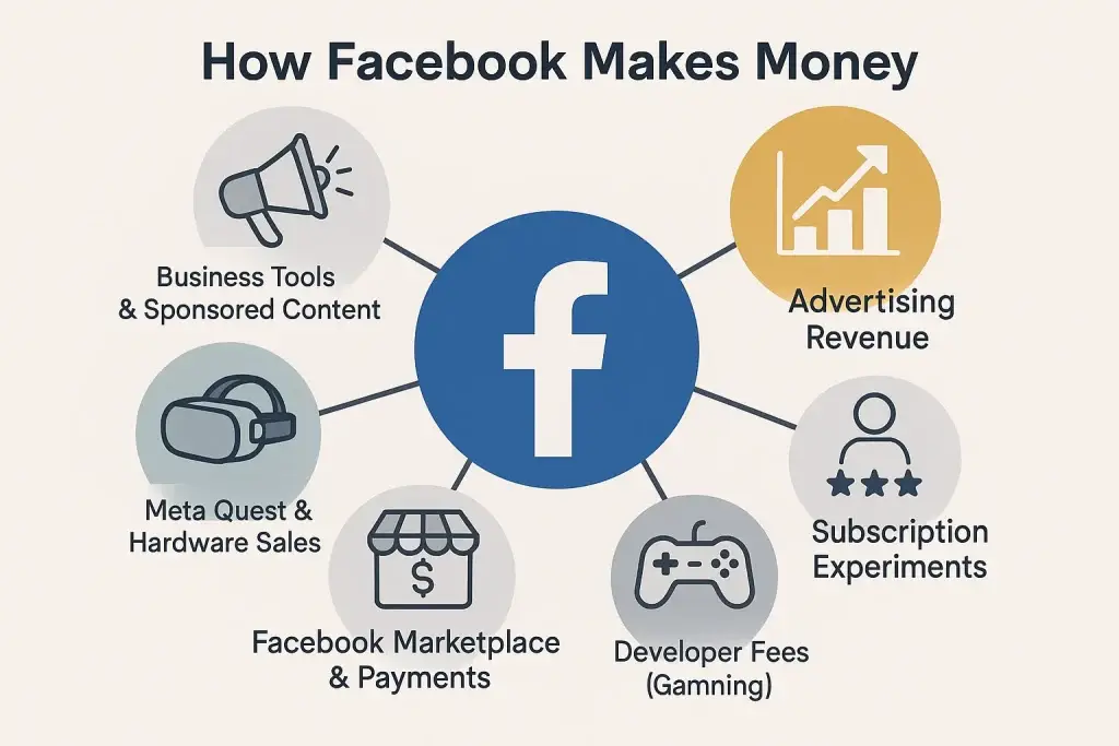Revenue Model of Facebook: How the Social Media Giant Makes Billions 1 Diagram showing Facebook's revenue sources including advertising, business tools, hardware, subscriptions, and marketplace.